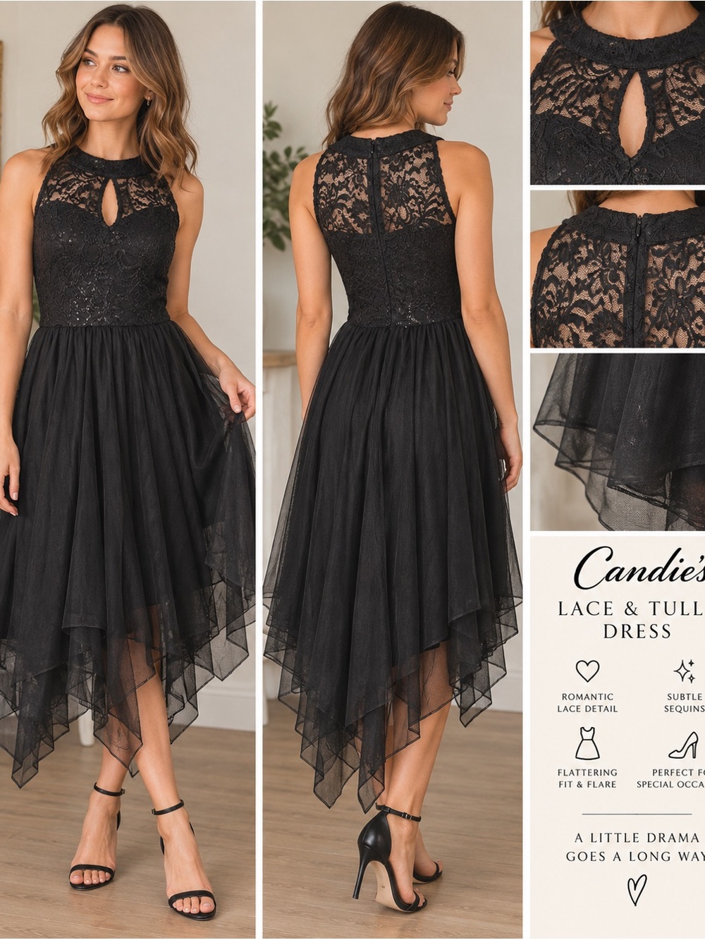 Candalite Black Lace & Tulle High-Low Dress